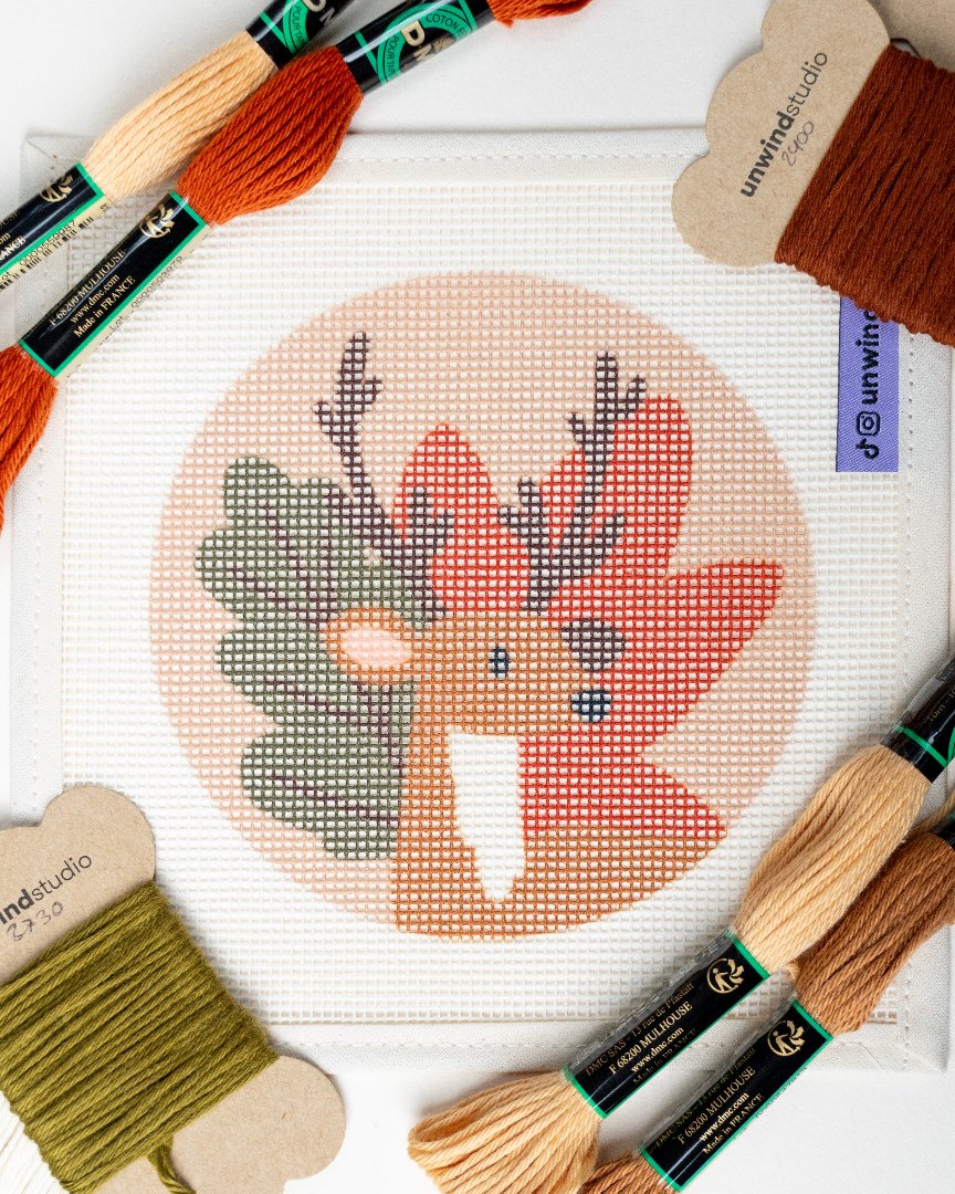 Deer & Fall Leaves Needlepoint Ornament- threads