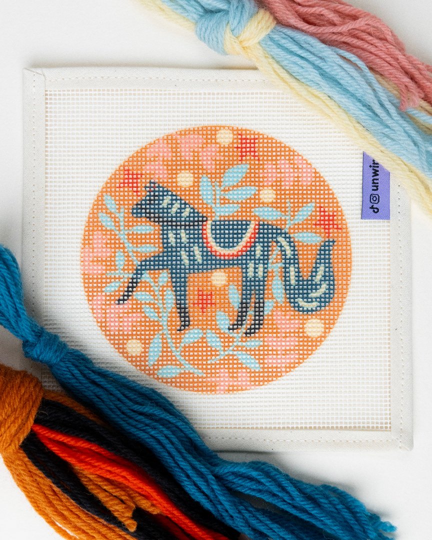 Folk Horse Needlepoint Ornament Kit- canva and threads