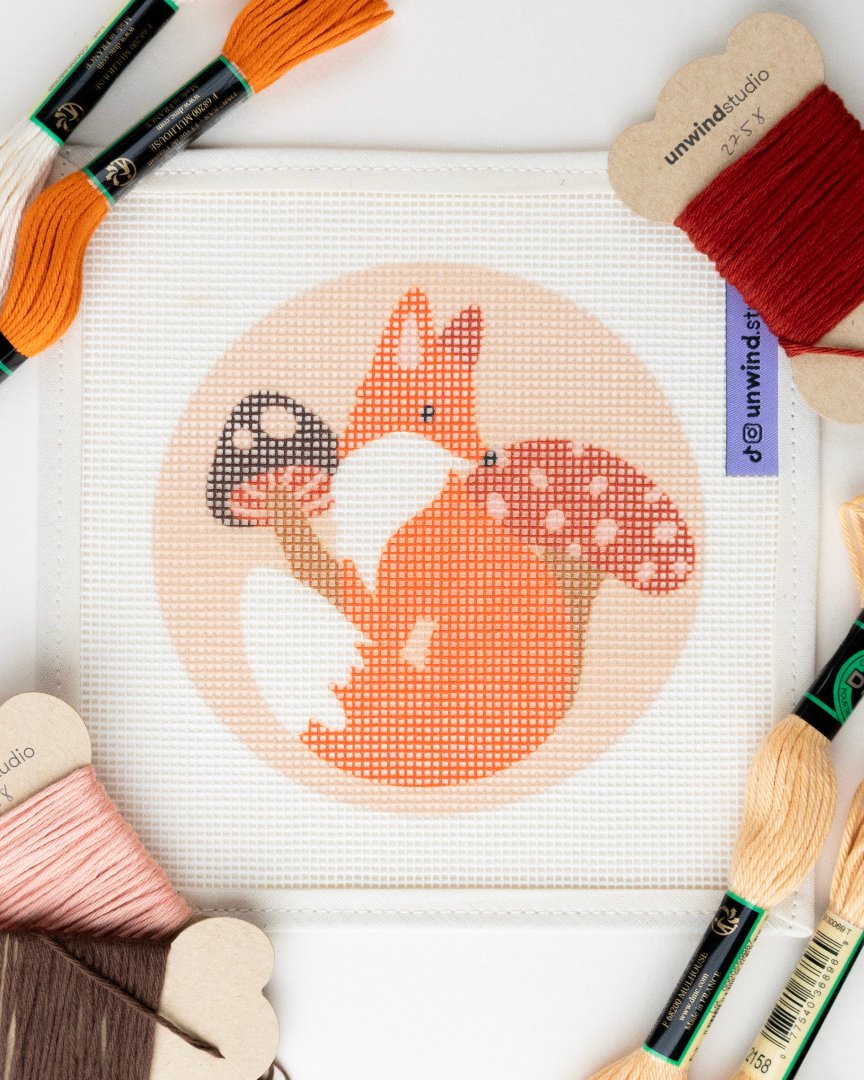 Fox & Mushrooms Needlepoint Ornament Kit- threads and canva