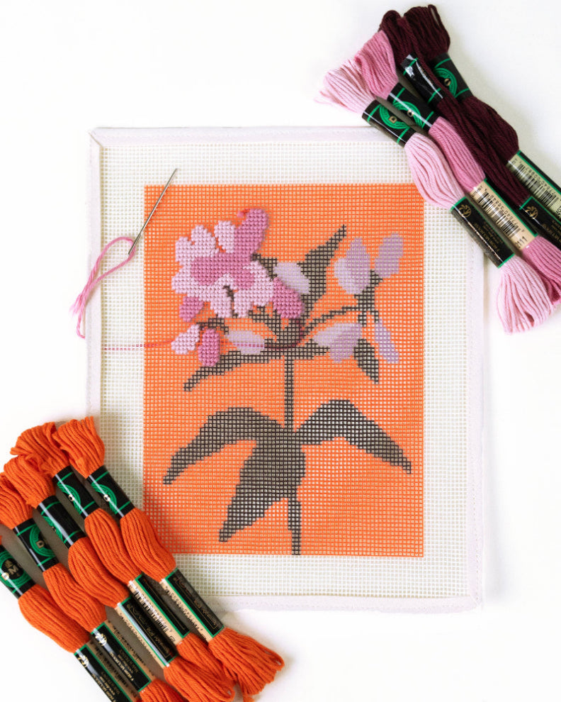 Joe Pye Weed Needlepoint Kit - work in proguess and threads