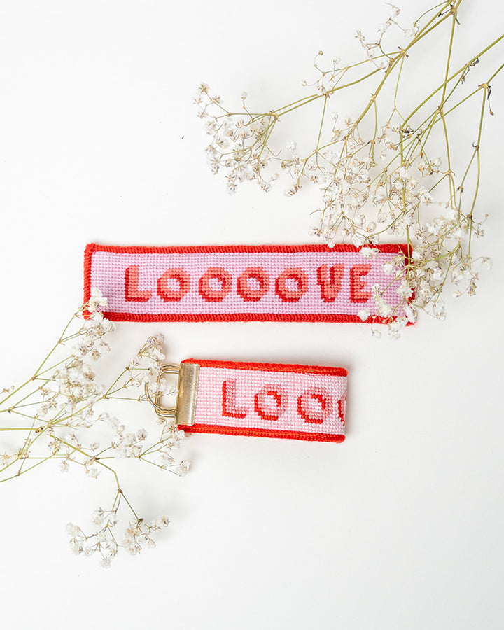 Loooove Needlepoint Kit Keyfob- finished project as a keyfob and as a bookmark 