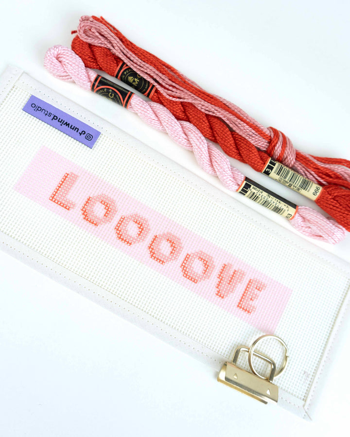 Loooove Needlepoint Kit Keyfob- canva, threads and finishing materials