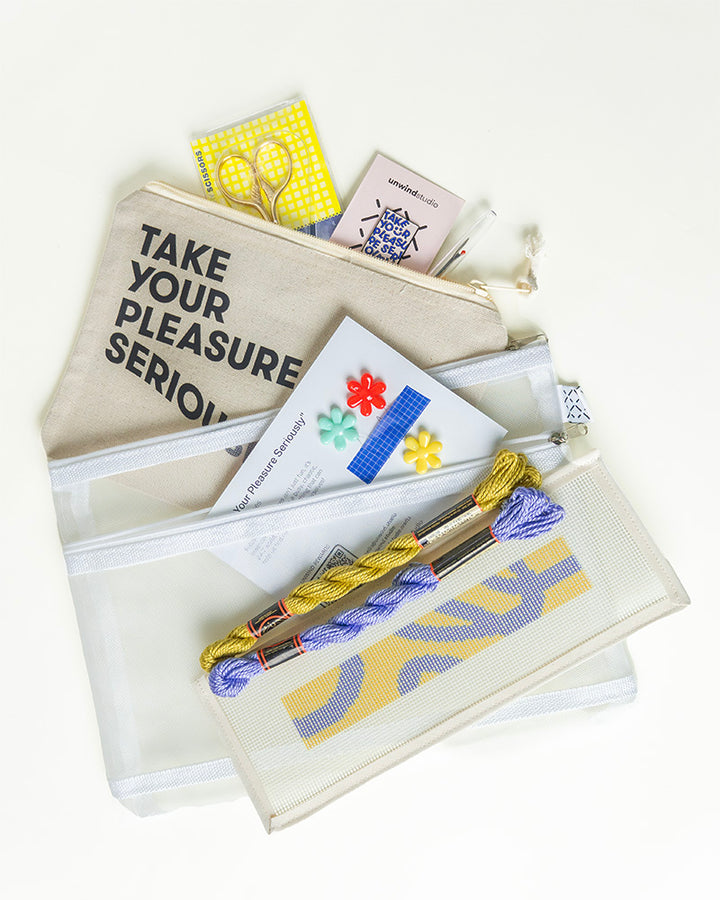 Meadow Needlepoint Starter Kit Keyfob- canva, threads, project bag with two pockets and embroidery bag with essentials 