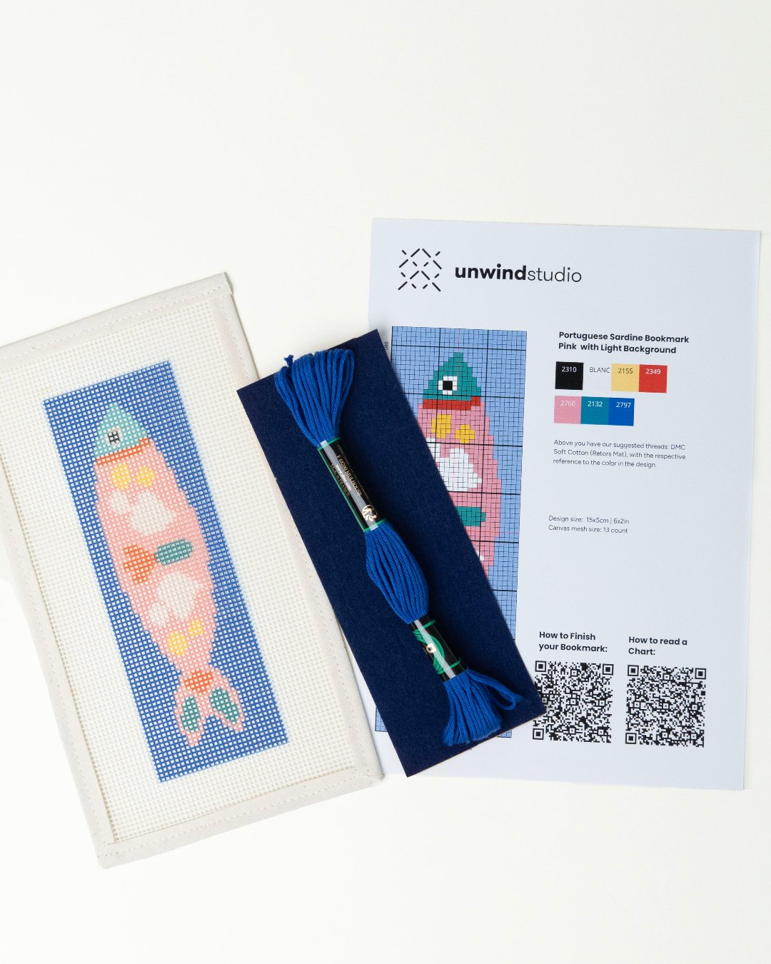 Needlepoint Bookmark Blue Portuguese Sardines-Chart and Finishing Materials