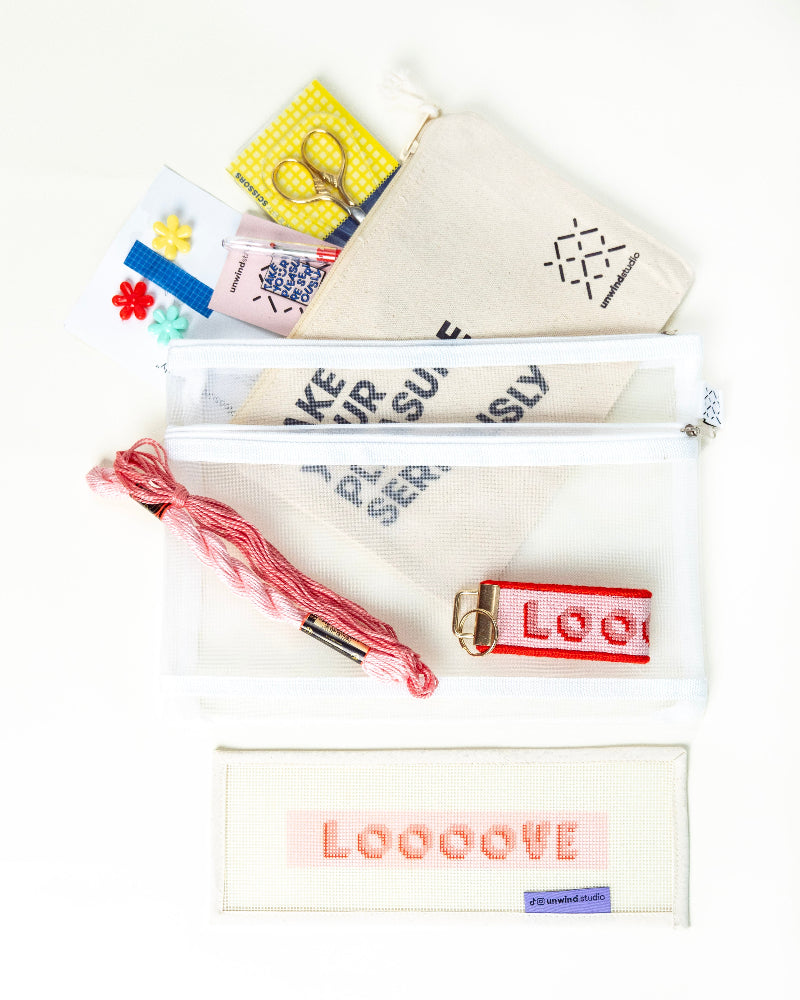 Needlepoint Starter Kit LOOOVE key fob canva, project bag and embroidery pouch